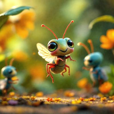 The primary subject of the image is a small, colorful insect, possibly a grasshopper or a beetle, with a big smile on its face. The insect is flying in the air, surrounded by a vibrant and lush environment. The setting includes a field with flowers, creating a beautiful and natural backdrop. The visual style of the image is a combination of photo and digital art, giving it a unique and artistic appearance. The colors and mood of the image are bright, cheerful, and lively,